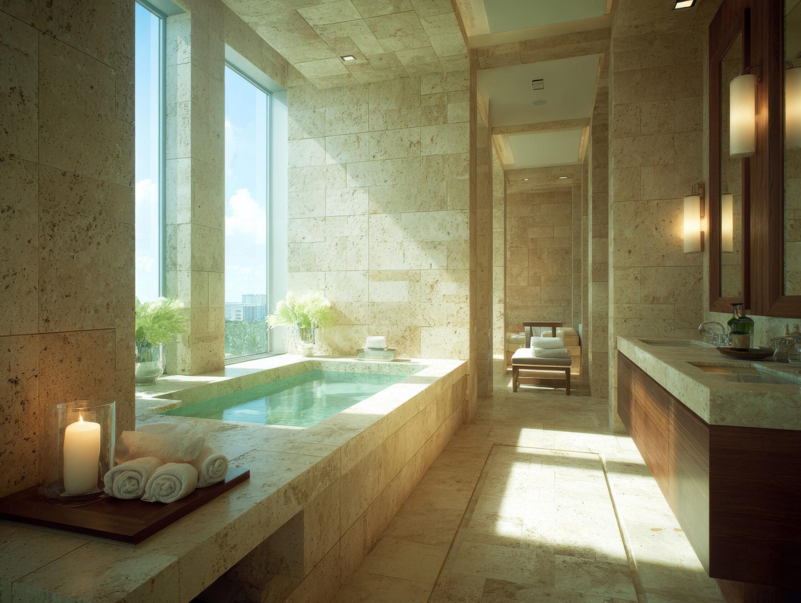 modern luxury bathroom interior with natural stone tiles and bathtub